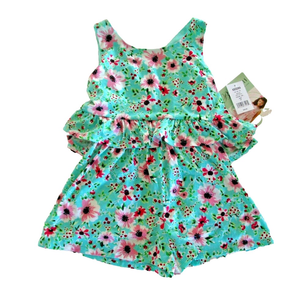 NEW BONNIE JEAN Girl's M Jade Green Floral Sleeveless Popover Knit Romper NWT